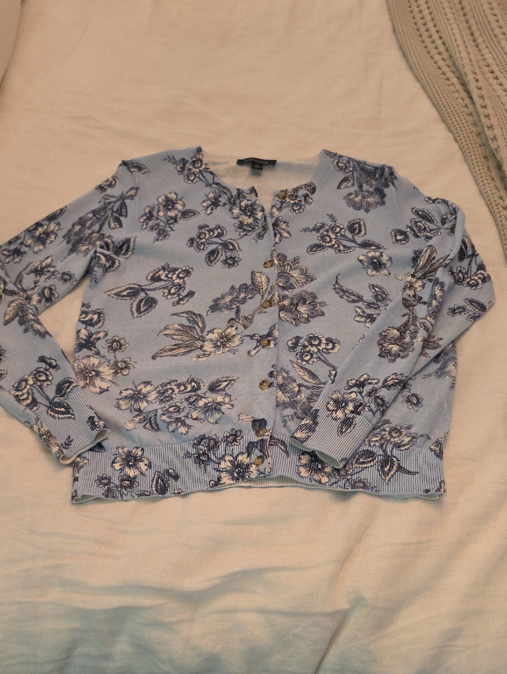 Ann Taylor Cream and Light Blue Crewneck Sweater Button Front